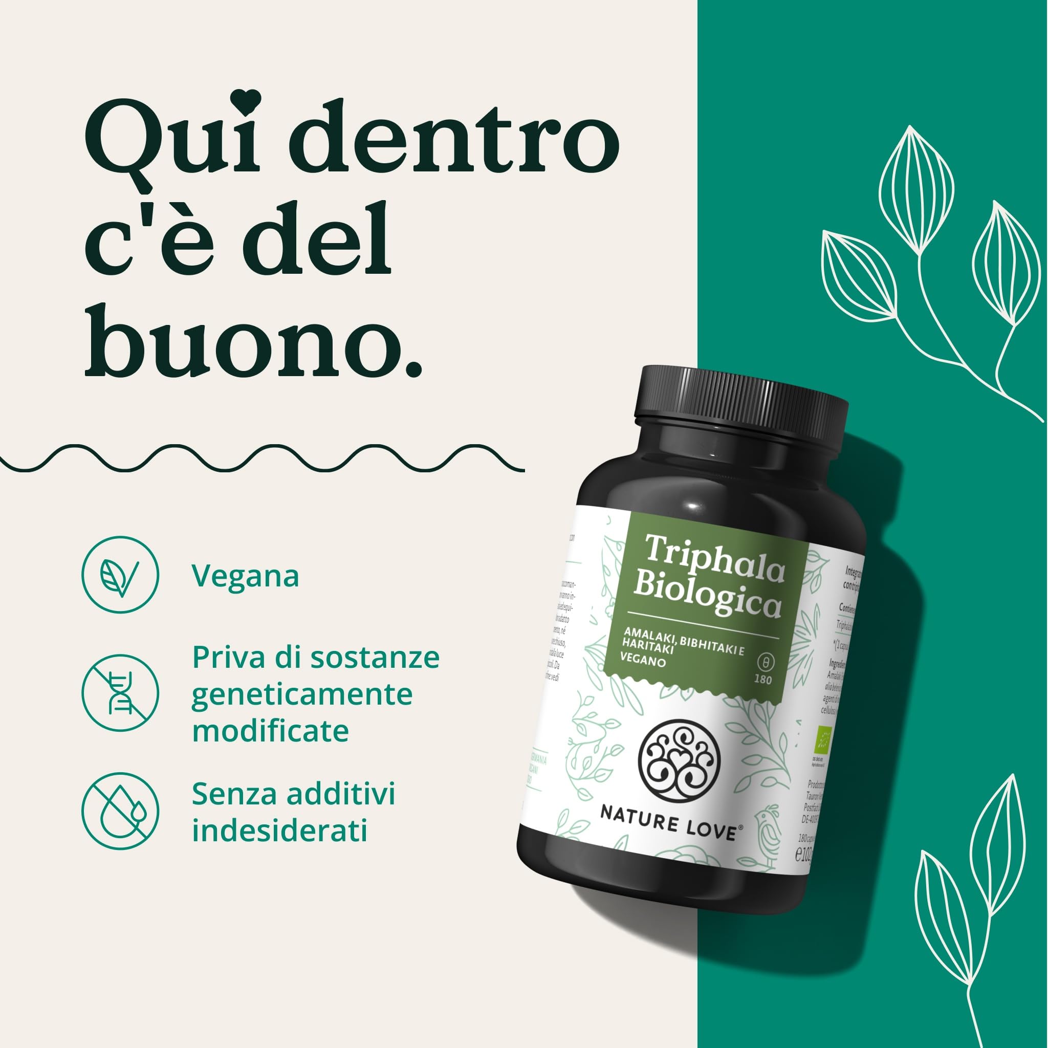 NATURE LOVE® Triphala Organic - Alto Dosaggio con 500 mg per Capsula - 180 Capsule - Materia Prima di Qualità dall'India - Testata in Laboratorio e Certificata Biologica, Prodotta in Germania