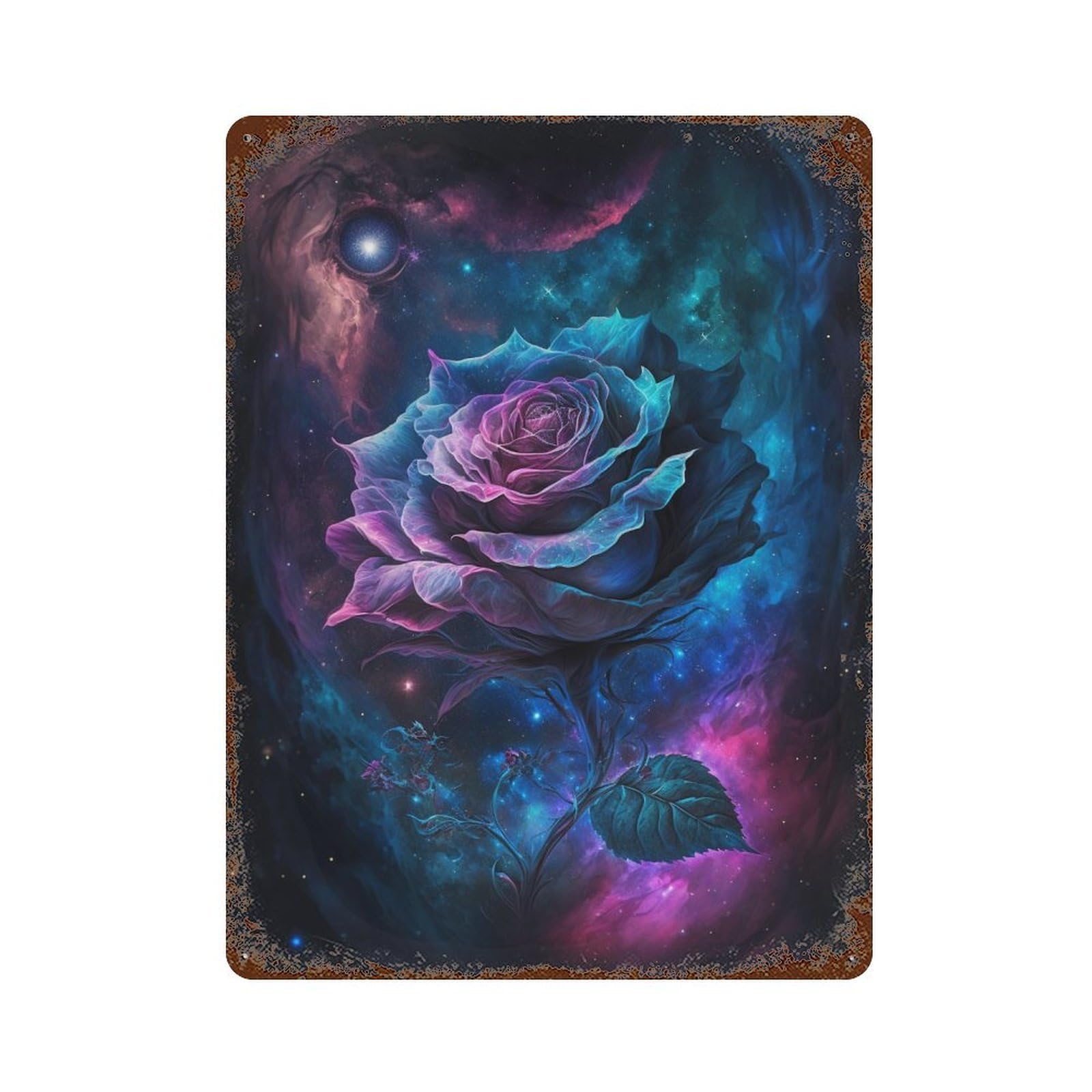 Cosmic Rose Fantasy Artwork 15.7"x11.8" Distressed Metal Wall Sign, Retro Wall Decor for Garage, Bar And Workshop Decor