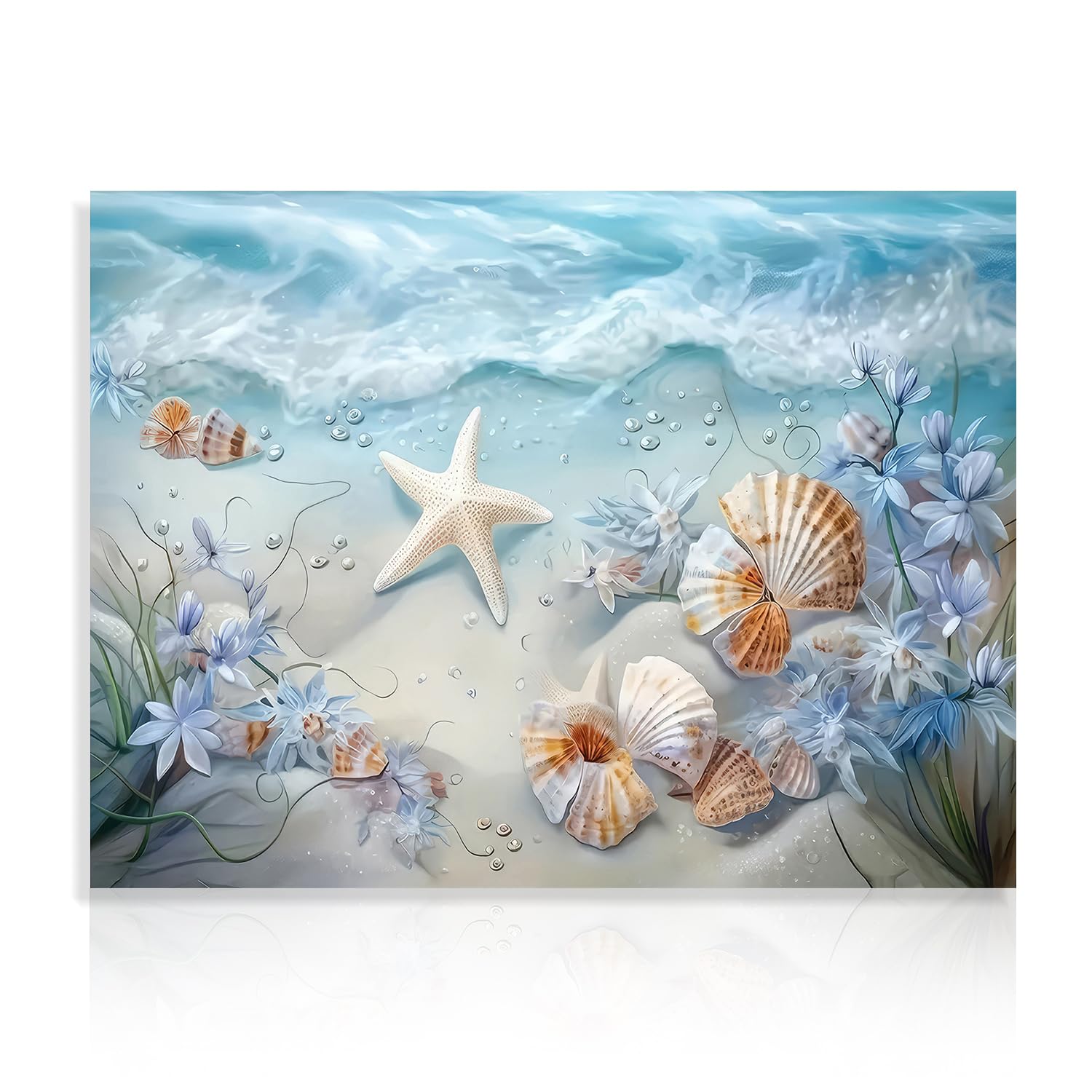 Ocean Waves Canvas Wall Art Sea Shells and Starfish Picture Ocean Beach Print Poster for Bathroom Bedroom Living Room 12x16 in Unframed