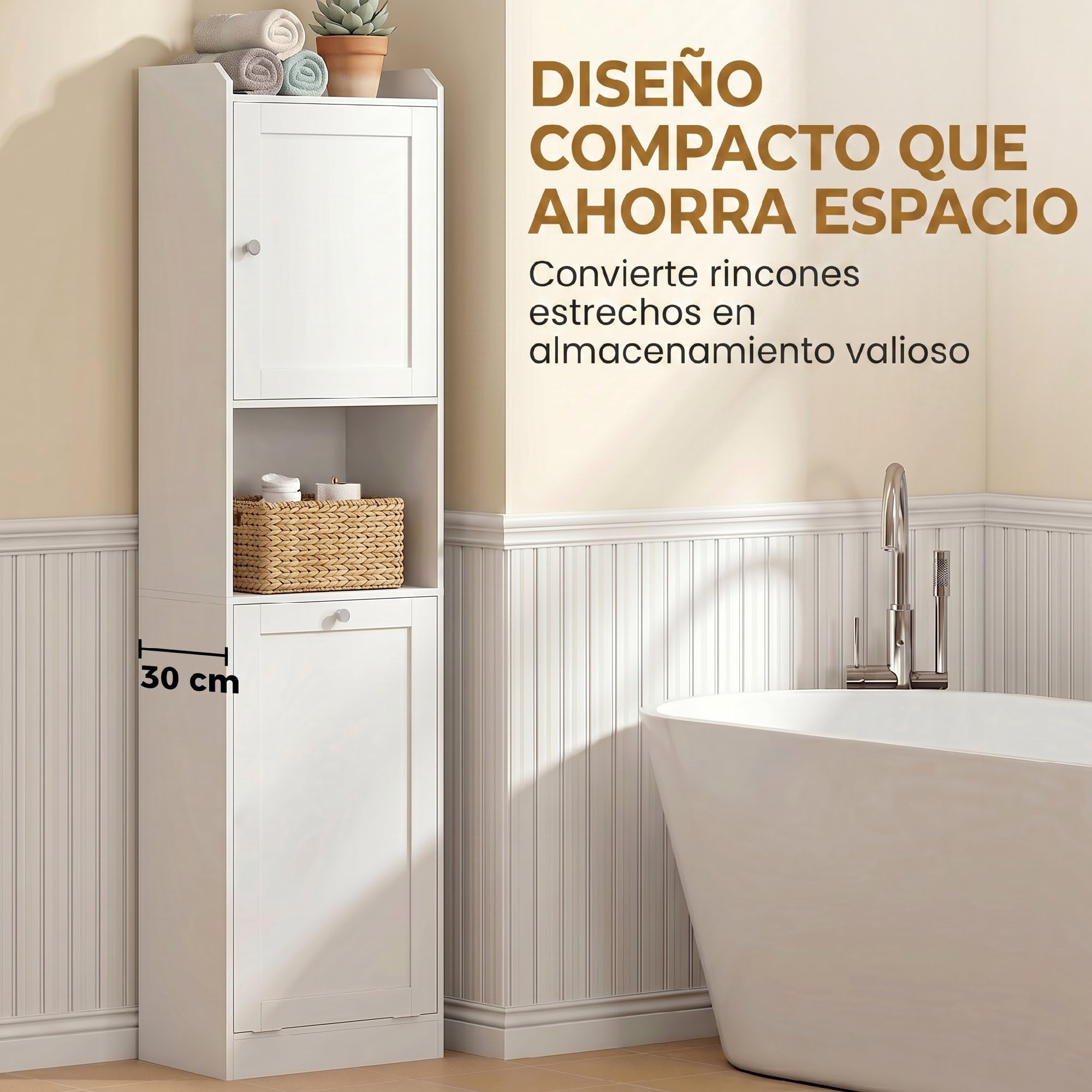 HOMCOM Armario Alto de Baño con Cesto Ropa Sucia, 40x30x170 cm, Blanco | Mueble de Baño Estrecho, Compartimentos Abiertos, Estantes Ajustables, para Espacios Pequeños