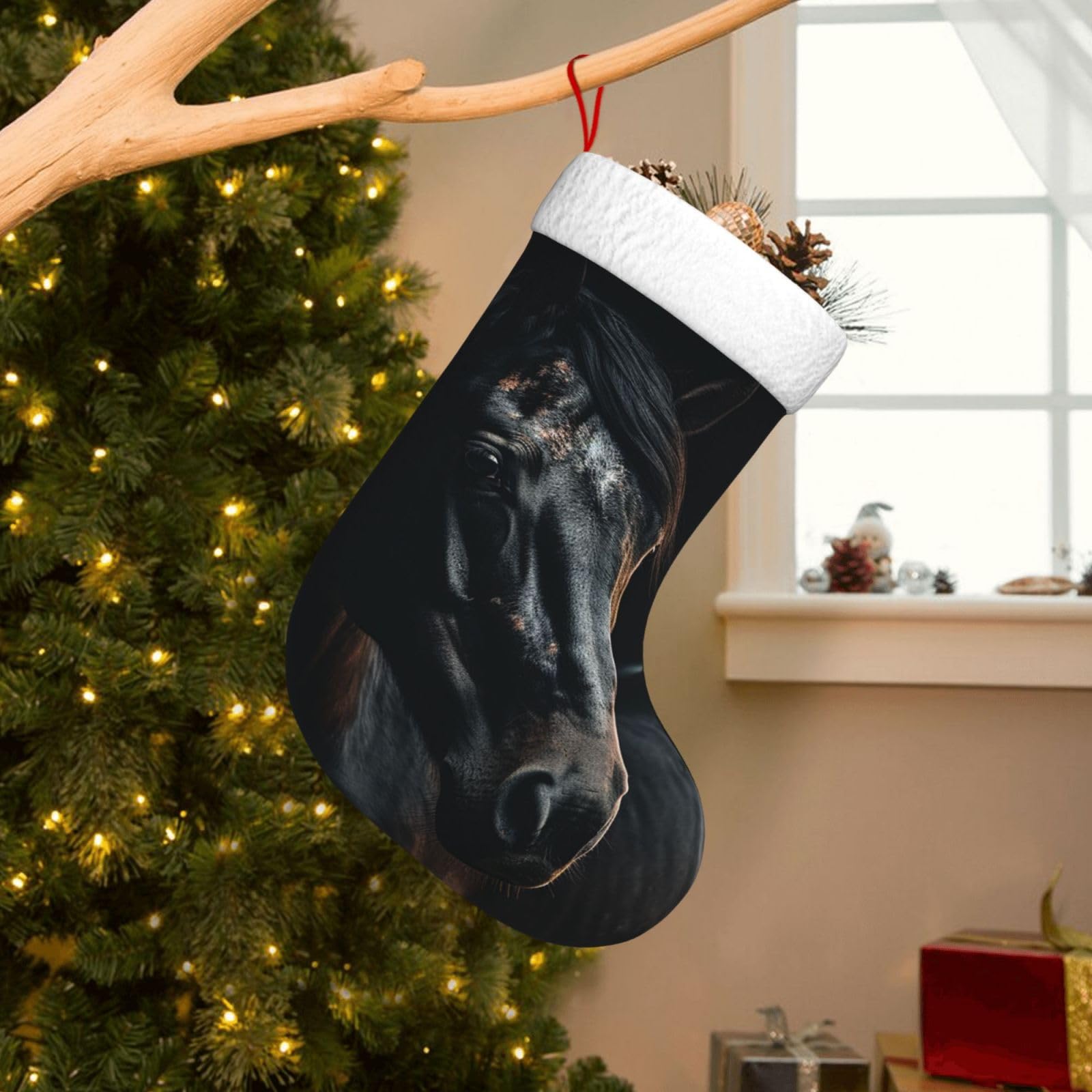 Velvet Christmas Stockings 17.7 Inch, A Dark Horse Xmas Stocking with Soft Cuff,Classic Personalized Christmas Tree Decoration for Family Holiday New Year Party Supplies