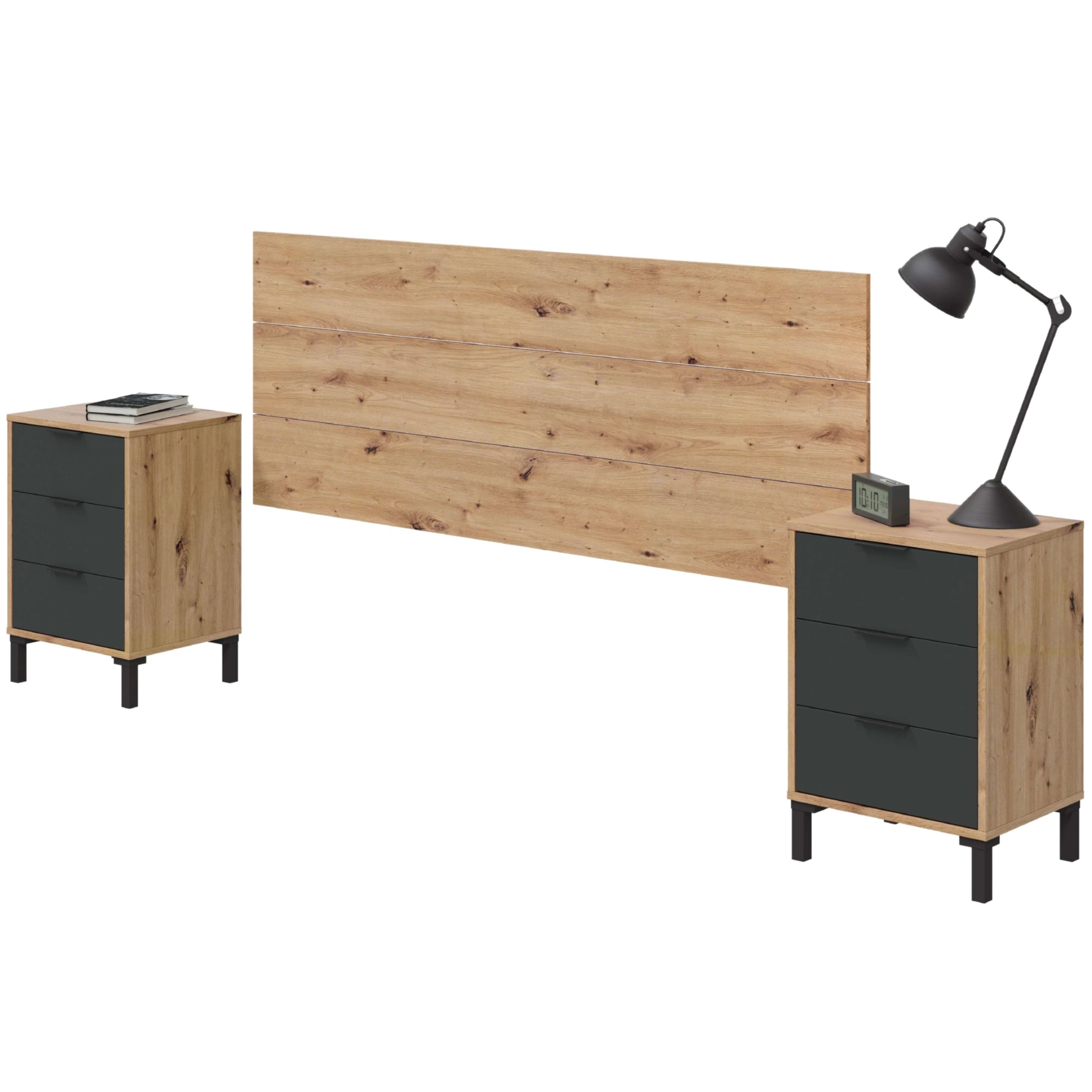 Habitdesign Eiche >Nodi Und Anthrazitgrau Modernes Kopfteil Mit 2 Nachttischen Und 6 Schubladen Für Doppelbett, Schlafzimmer-Set In Eiche Nodi & Anthrazit, Viel Stauraum, Maße: 240 X 74 X 33 Cm (B X H X T), Modell Enzo