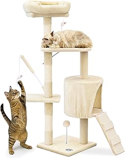 vounot® Arbre à Chat Hauteur 112cm Multi Niveaux Arbre à Grimper avec Griffoirs pour Chats Centre d’Activités avec Niche Escalade et Plateformes Beige