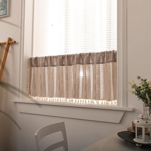 Miniatura 31 de Deeprove Cenefa Bohemia Blanca con Borlas para Decoración de Cocina y Cafetería, Cortinas Cortas de Algodón y Lino Crema Estilo Bohemio Rústico,