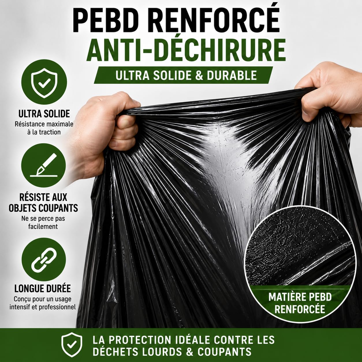 Bolsa de basura reforzada 150L | 50 bolsas ultra resistentes PEBD | Capacidad 35kg | Bolsa profesional antifugas y antidesgarros | Residuos pesados y cortantes | Trabajos, Oficinas, Comercios