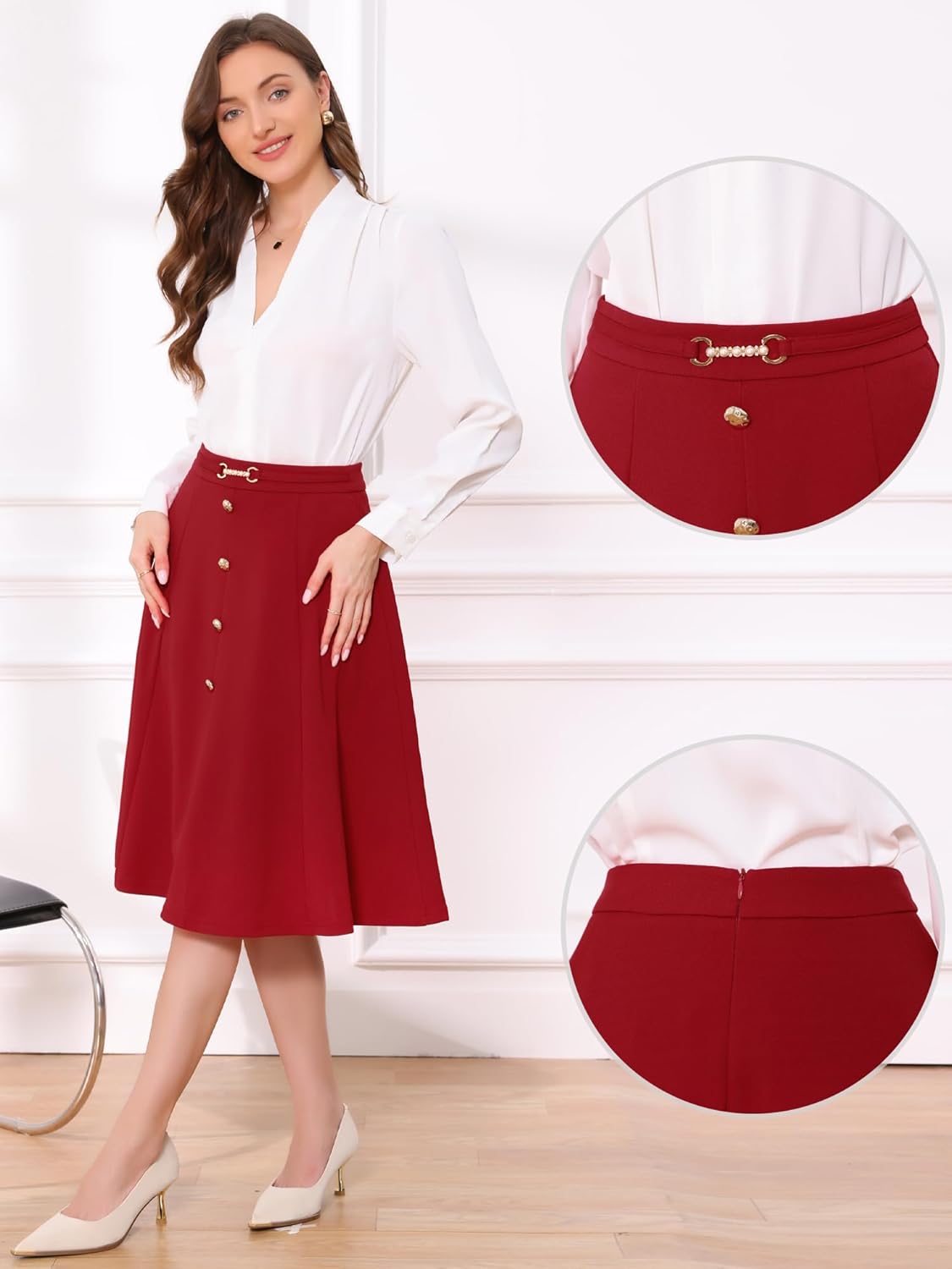 Allegra K A-Line Midi Pleated Skirt for Women's Vintage Work High Waist Flare Business Skirts - Image 4