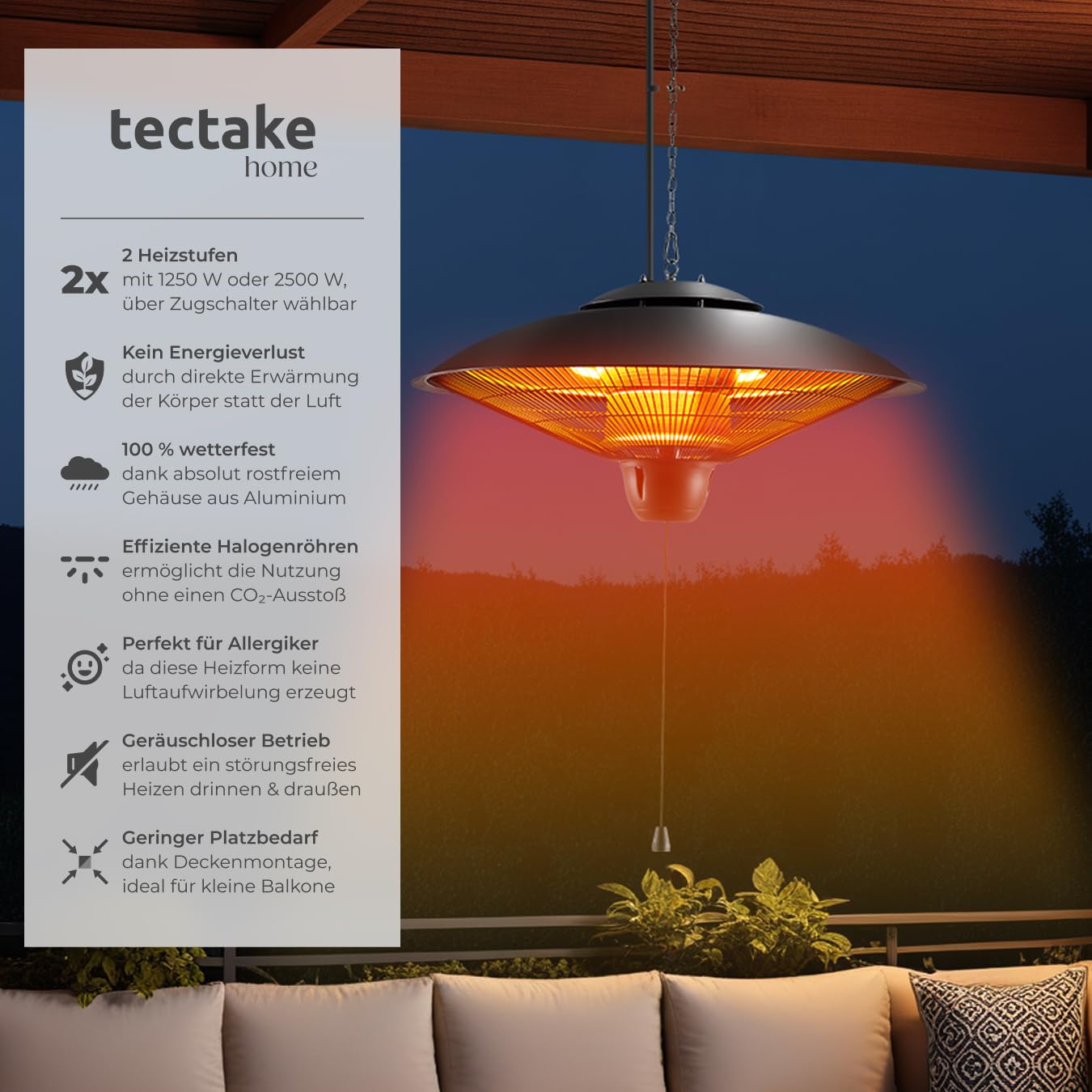 tectake® Infrarot Heizstrahler hängend, Deckenheizung, Infrarotstrahler Lampe zum Aufhängen an Decke, outdoor und indoor Infrarotheizung, Heizung elektrisch, Deckenheizstrahler für Terrasse