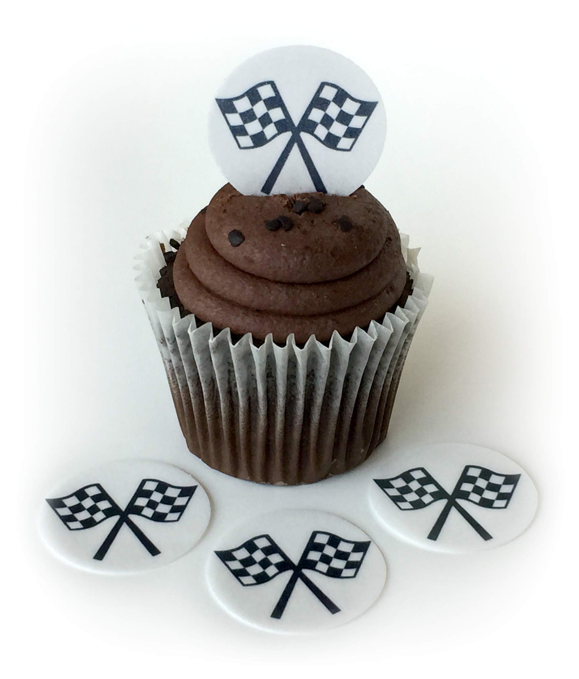 Car Racing Checkered Flag Wafer Paper Toppers 1.5 Inch for Decorating Desserts Cupcakes Birthday Cakes Cookies Pack of 12