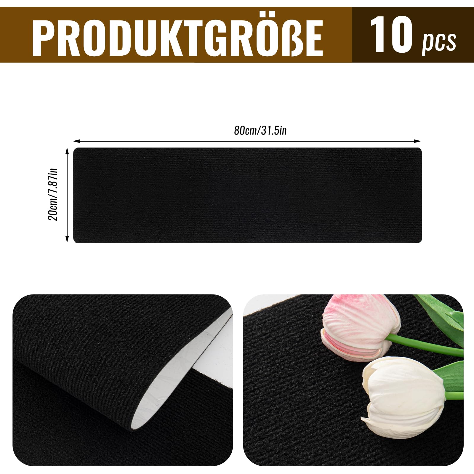 Bandes antidérapantes pour marches d'escalier - 80 x 20 cm - Noir - Durable et confortable - Antidérapantes - Sécurité pour une utilisation en intérieur - Idéal pour la maison, le bureau et la