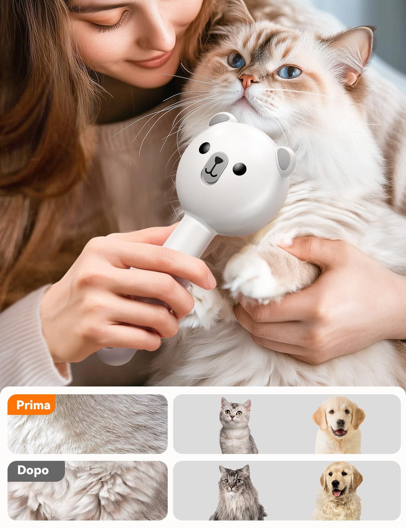 FEELNEEDY Spazzola a Vapore per Gatti, Ricaricabile Spazzola a Vapore per Cani con Pulsante di Rilascio, per Peli Lunghi e Corti Gatto Cane