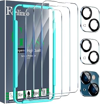 Ferilinso 3 Pack Screen Protector for iPhone 14 / iPhone 13, 9H Military-Grade Shatterproof Tempered Glass with Easy Alignment Frame, Ultra HD Anti-Scratch, Case Friendly, with Camera Lens Protectors