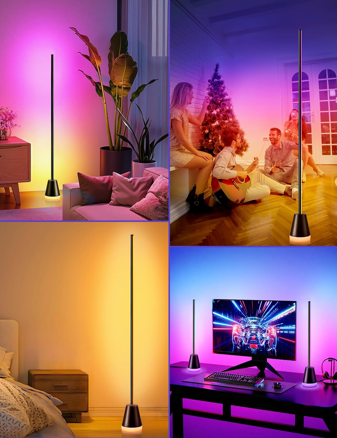 LED Stehlampe für Wohnzimmer, App & Fernbedienung, 68 Szenen 16 Millionen Farben mit Musik-Synchronisation und Timer, Dimmbare Stehlampe mit Farbwechsel und Leuchtendem Sockel