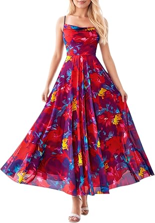 Women Summer Floral Maxi Dresses Elegant Spaghetti Strap Dress Printed Party Dress Beach Long Dresses