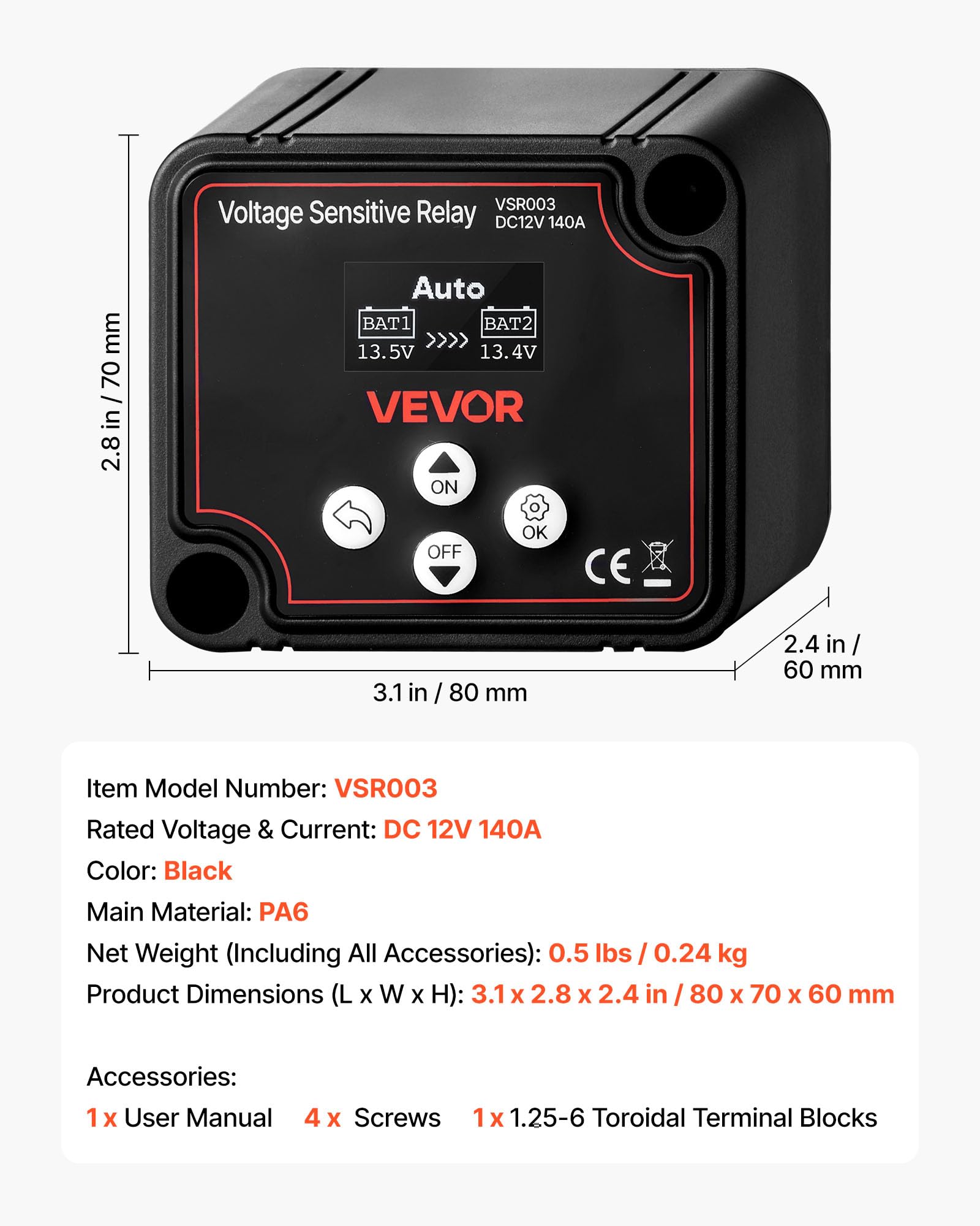 VEVOR Isolatore di Batteria Doppia Relè Sensibile alla Tensione VSR Manuale e Automatico con Schermo LCD 12 V 140 Amp, Isolatore di Batteria per Auto, Camion, Camper, UTV, ATV, Barca