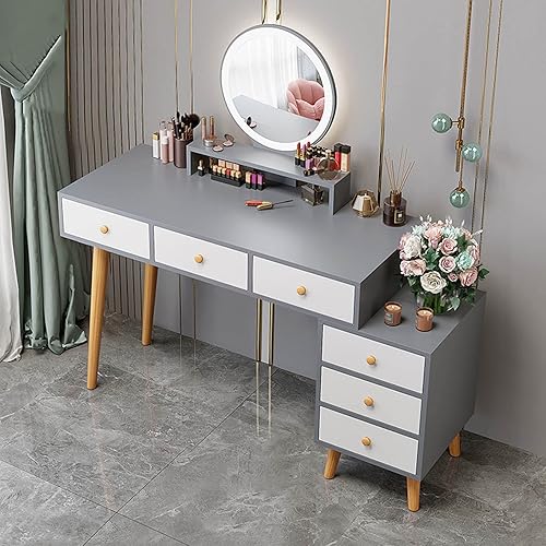 Miniatura 8 de Tocador de maquillaje con luces y 6 cajones, juego de tocador de madera para dormitorio, escritorio de maquillaje con espejo de atenuación de