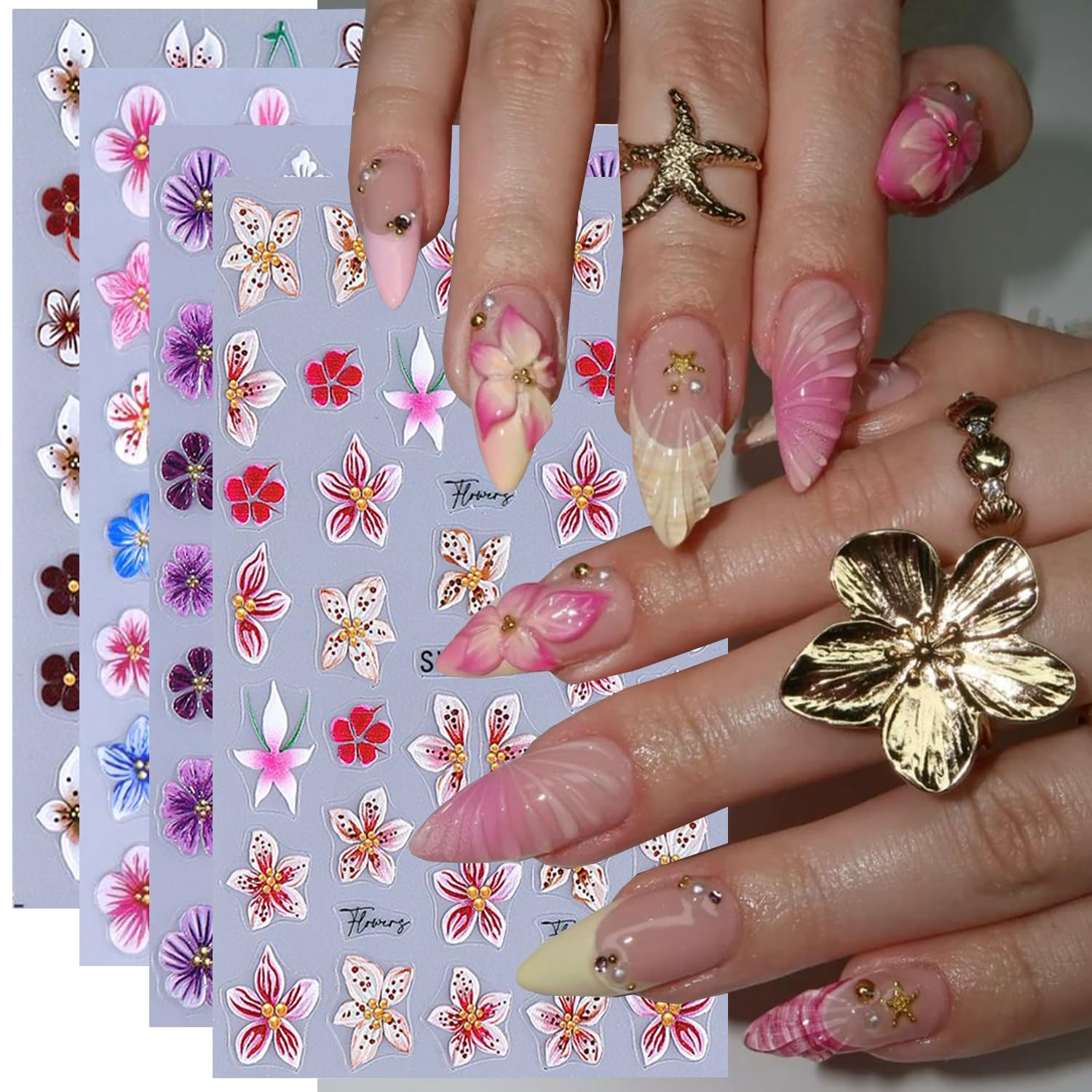 Flower Nail Stickers for Nail Art 5D Embossed Spring Summer Lily Hawaiian Flower Adhesive Nail Stickers Floral Nail Decals Summer Flowers Nails Design