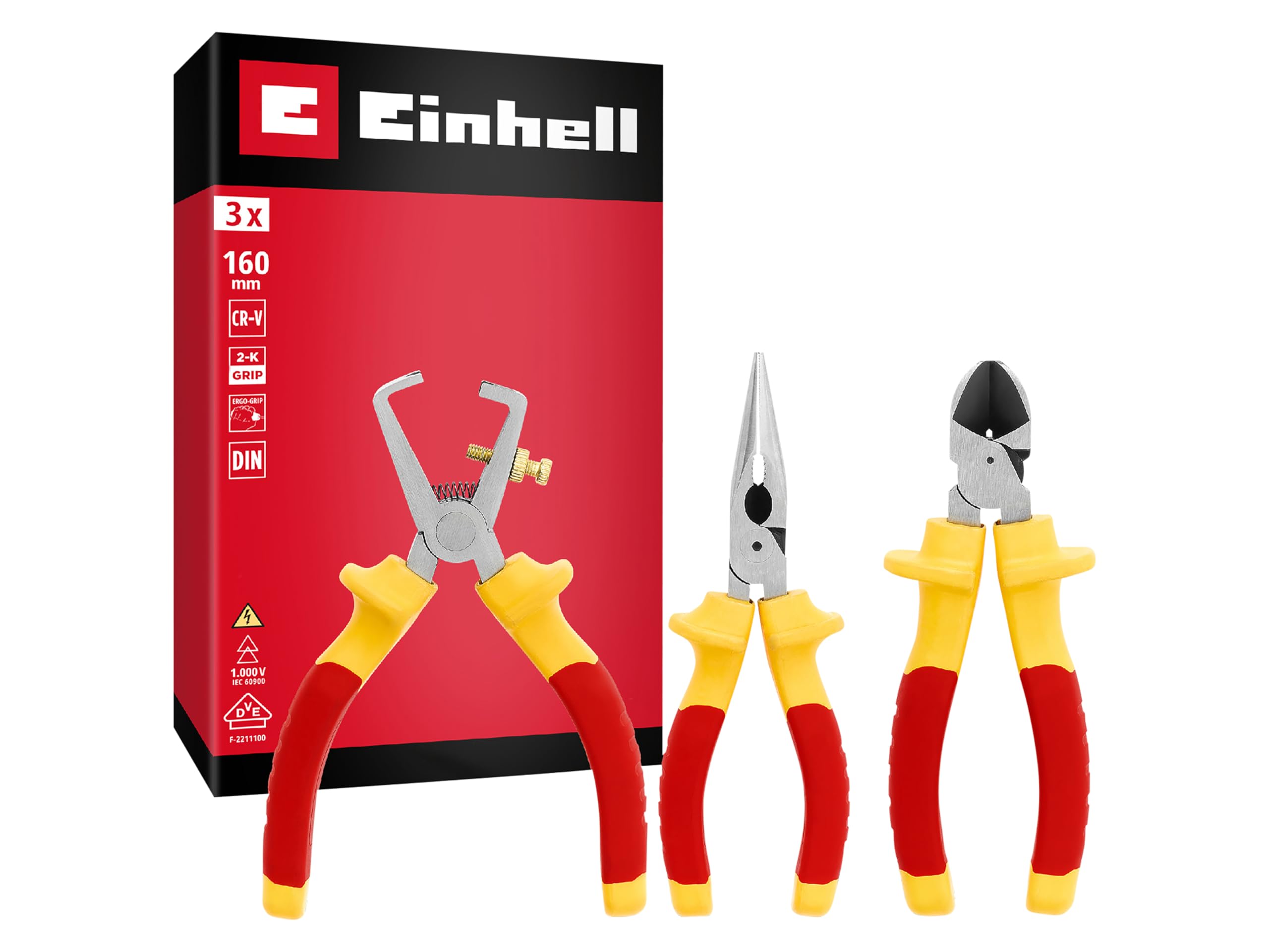 Original Einhell - Juego de 3 alicates para electricista (aislamiento hasta 1000 voltios, cortador lateral, pelacables, nariz larga, asas ergonómicas para instalaciones)