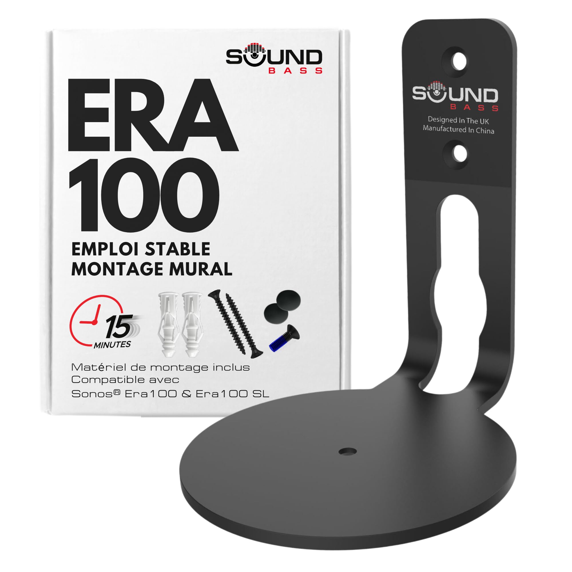 Sound bass Support Mural Era 100 – Profil Bas, Noir, Unité Simple, Compatible avec Sonos ERA100 & Era 100 SL Enceinte, Kit de Fixation Complet Inclus