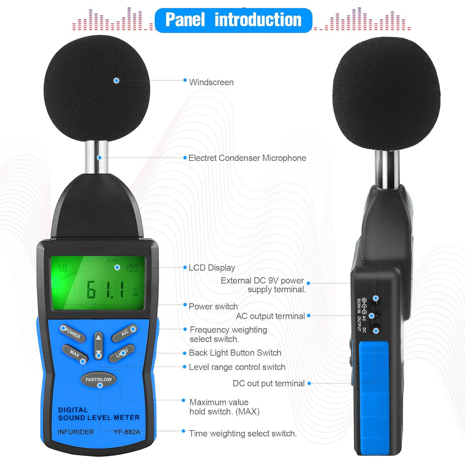 Portable Decibel Meter, Sound Level Monitoring and Noise Volume, MAX/MIN Noise Measurement with Data Hold LCD Backlight and Accuracy of +/-1.5dB