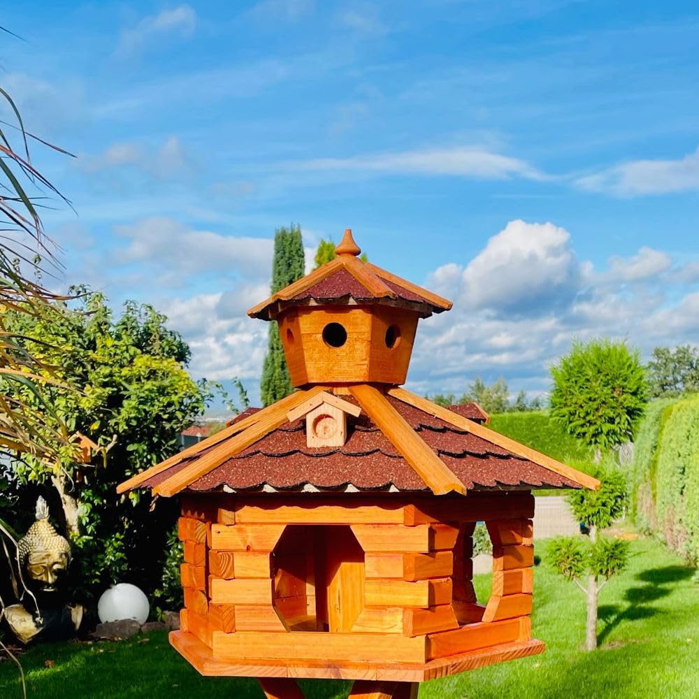 DARLUX Met de hand gemaakt zeshoekig vogelhuis van hout, weerbestendig, M-XL, met en zonder standaard, voederhuis, maat XXL, zonder standaard, blauw-bruin