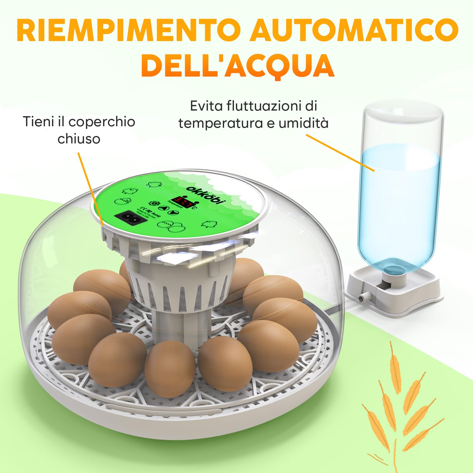 Okkobi M12 - Incubatrice per uova automatica con Girauova Automatico e Controllo Umidità - Incubatrice uova gallina - 12/24 uova, vista a 360°, facile da usare e pulire - Bianco e verde