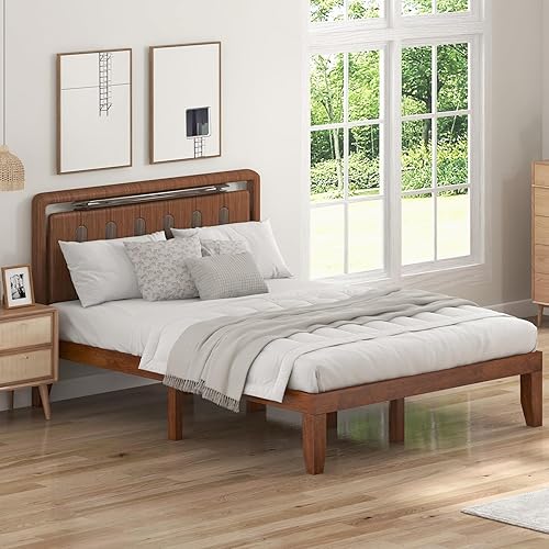 Miniatura 5 de KOMFOTT Base de cama de plataforma de madera de 14 pulgadas, tamaño Queen, base de colchón de madera maciza con marco de madera de goma, soporte de