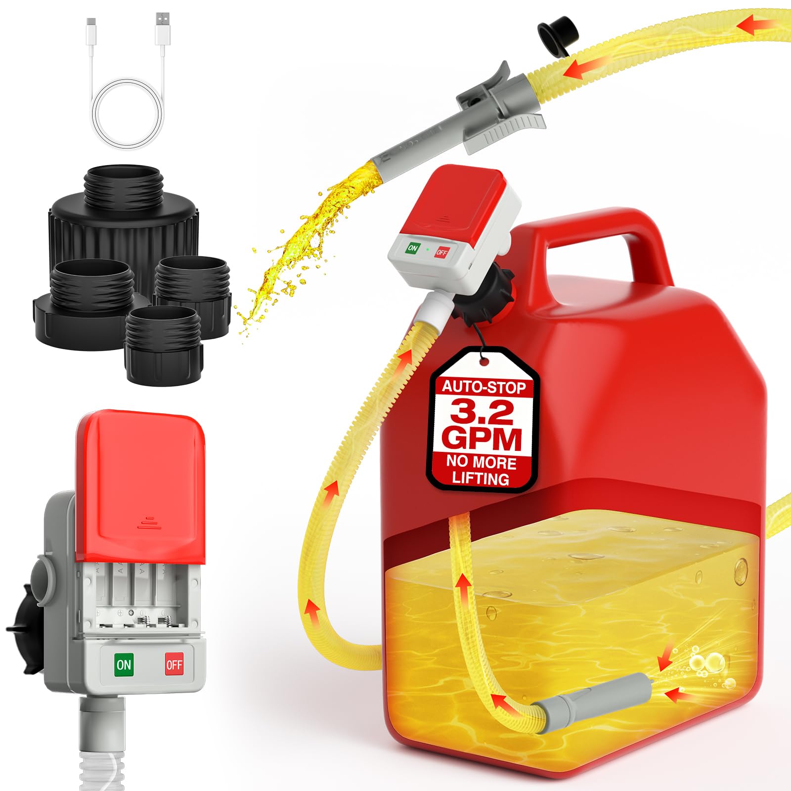 KEIMI Portable Fuel Transfer Pump with Auto-Stop, 3.2 Gallon per Min, 51" Extra Long Hose, Battery & USB Powered, 4 Can Adapters, Leak-proof Gas Pump for Oil, Diesel and Gasoline