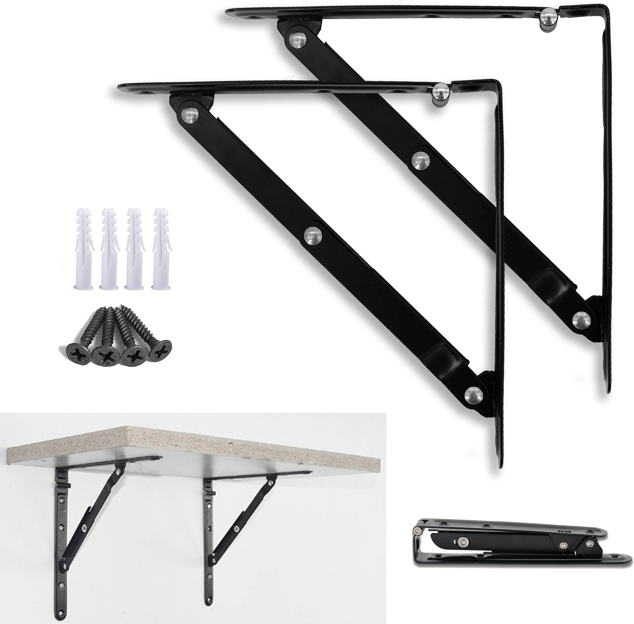 AddGrace 2 Pack Folding Shelf Bracket Bench Table Support Wall Mounted Iron Triangle Collapsible Shelf Bracket (Black) 8 inch