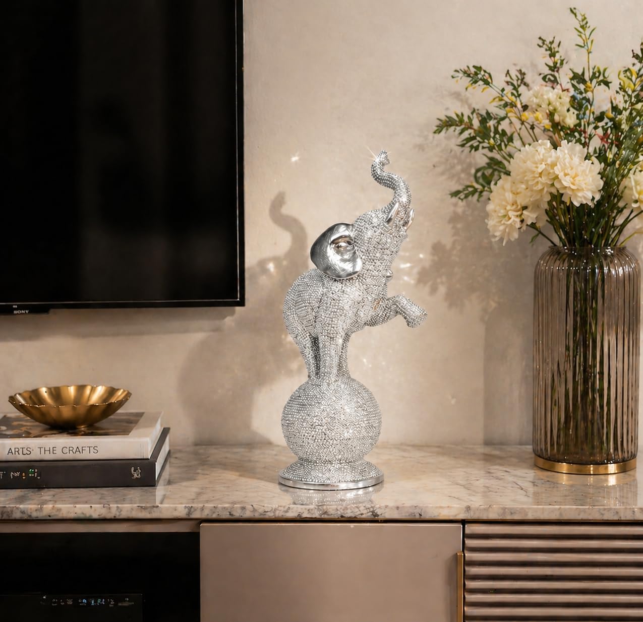 Elephant Statue on Ball, Resin Figurine with Beaded Texture, Gold or Silver, Glam Home Decor for Living Room Office Bookshelf, Gift Ornament