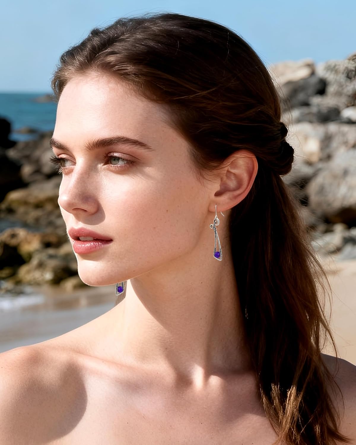 Silver and Purple Stone Twist Amethyst Crystal Geometric Dangle and Drop Bohemian Lightweight Vintage Earrings for Women - Image 3