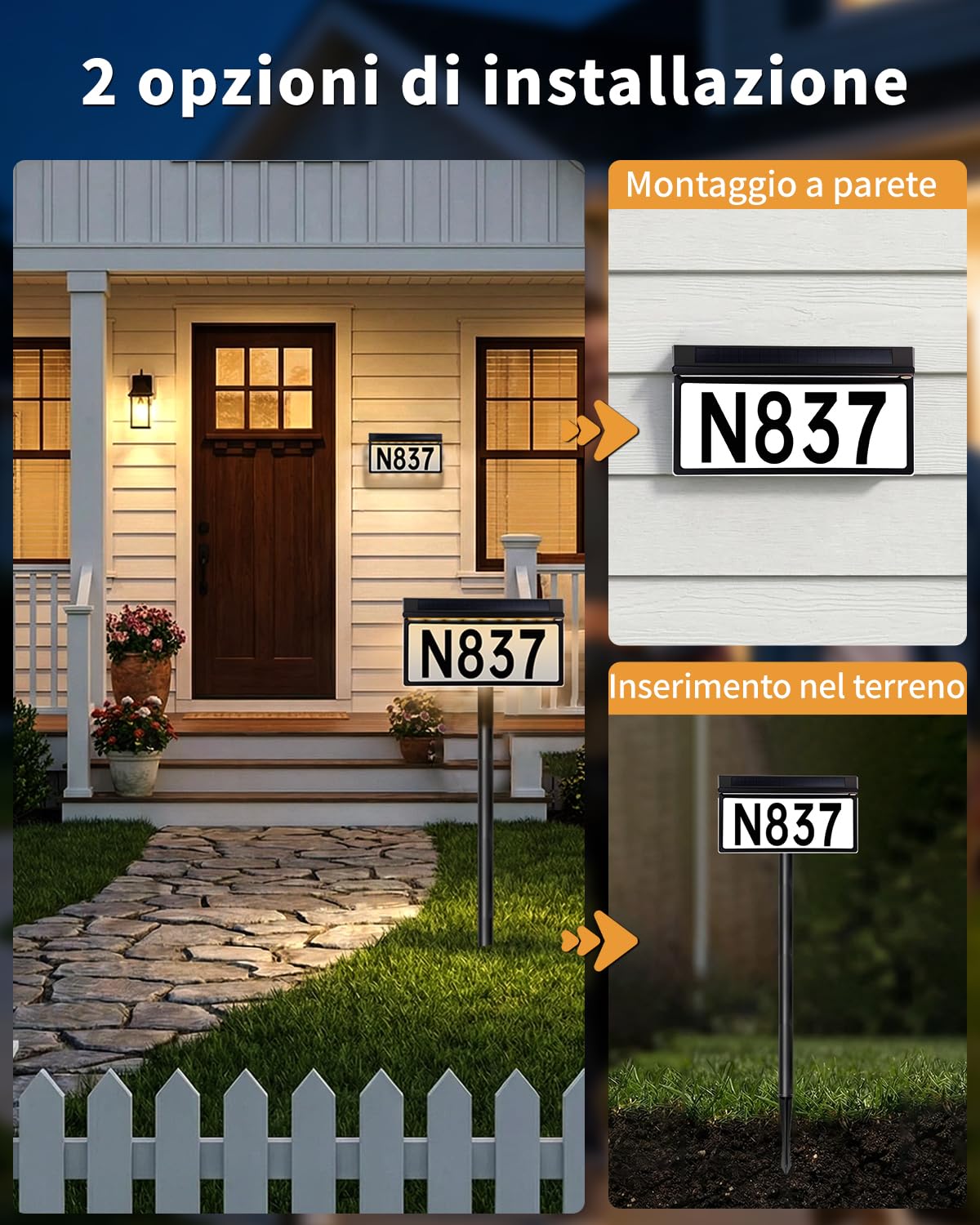 Lampada Solare per Numero Civico, 56 LED, IP65 3000K/4500K/6000K | batteria 2000mAh, montaggio a piolo o parete, include 26 lettere e 30 numeri, ideale per ingresso e giardino