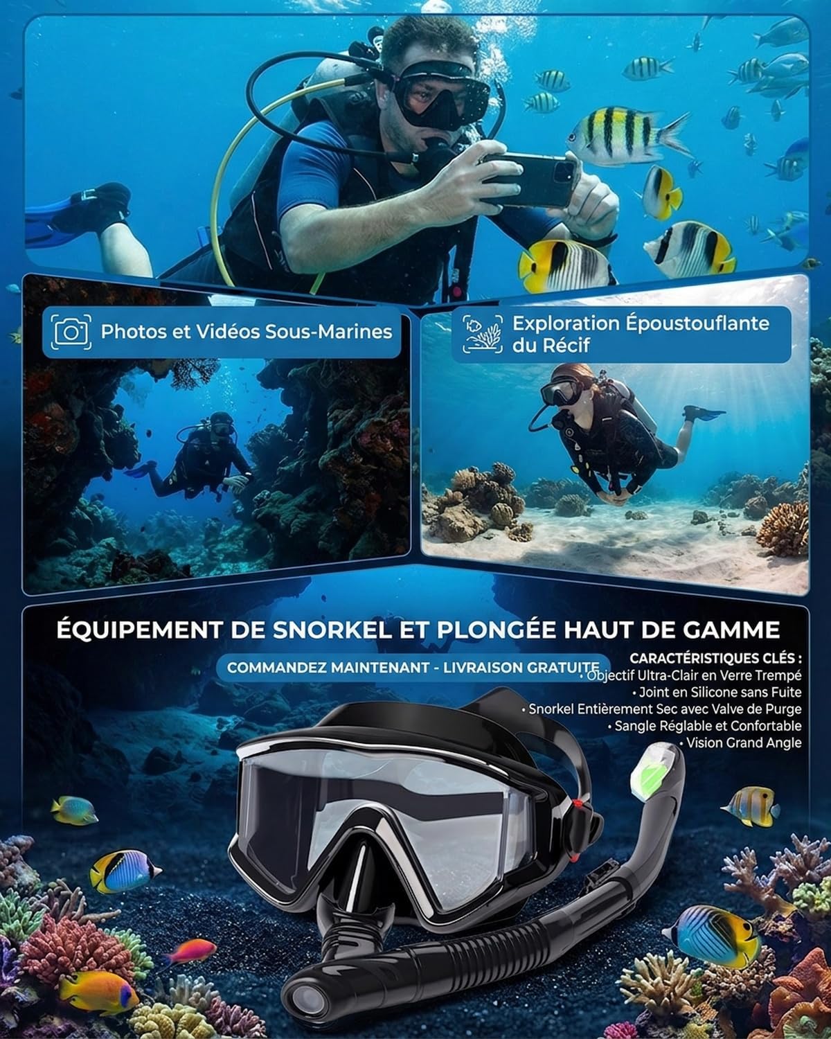 Masque de Plongée avec Vision Panoramique 180°,Masque Tuba Adulte Anti-Buée et Anti-Fuite avec Verre Trempé HD, Lunette Tuba Snorkeling RéGlable pour Natation, Plongée et Apnée