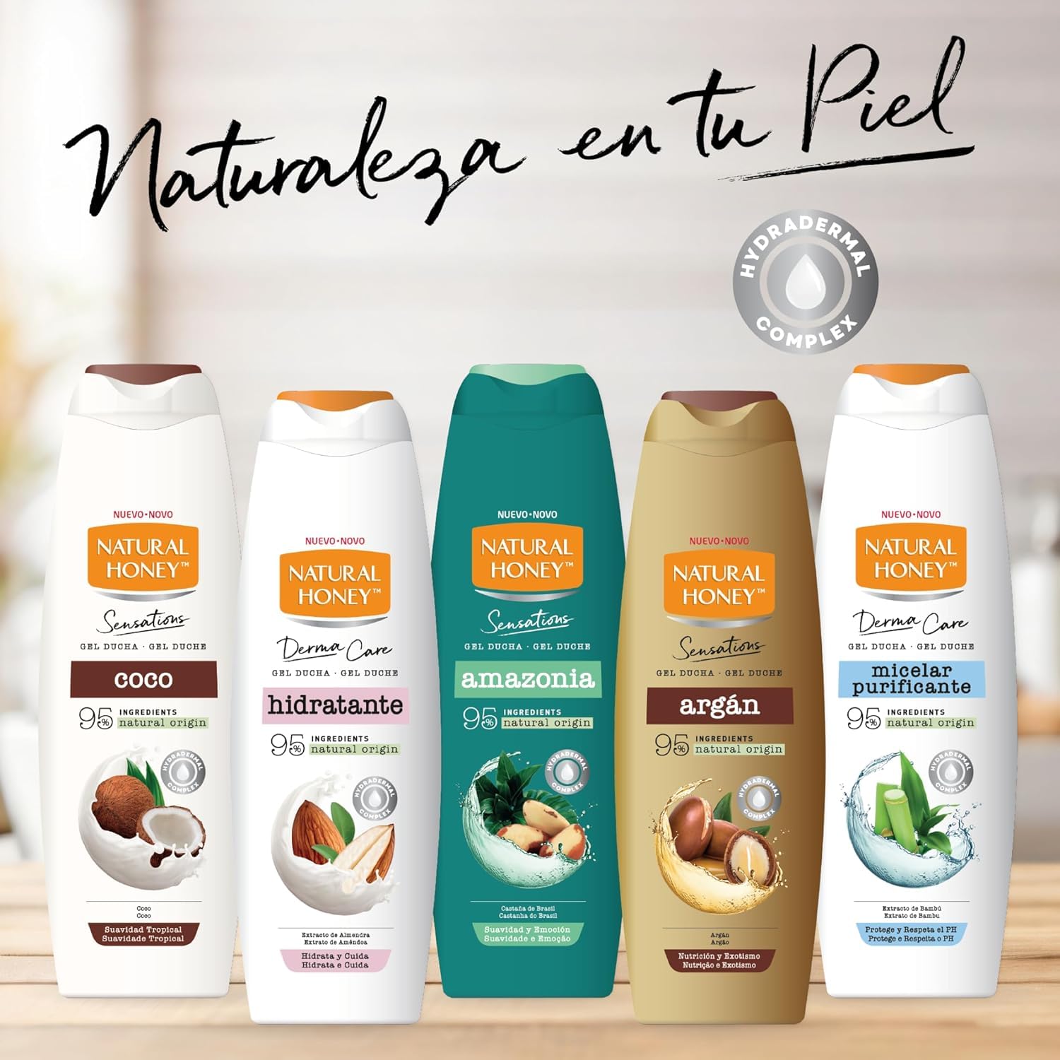 Natural Honey, Gel de Ducha con Extracto Natural de Coco Hidratante y Suavizante, con Hydradermal Complex para una Piel Suave, Fresca y Protegida, Aroma Tropical, Línea Sensations, 650 ml