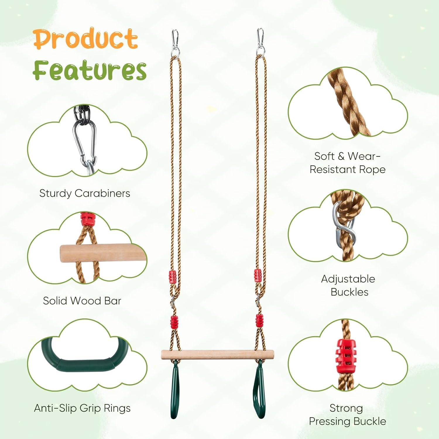 2 in 1 Trapeze Swing,Children's Swing Outdoor Indoor,Gymnastics Rings - Image 7