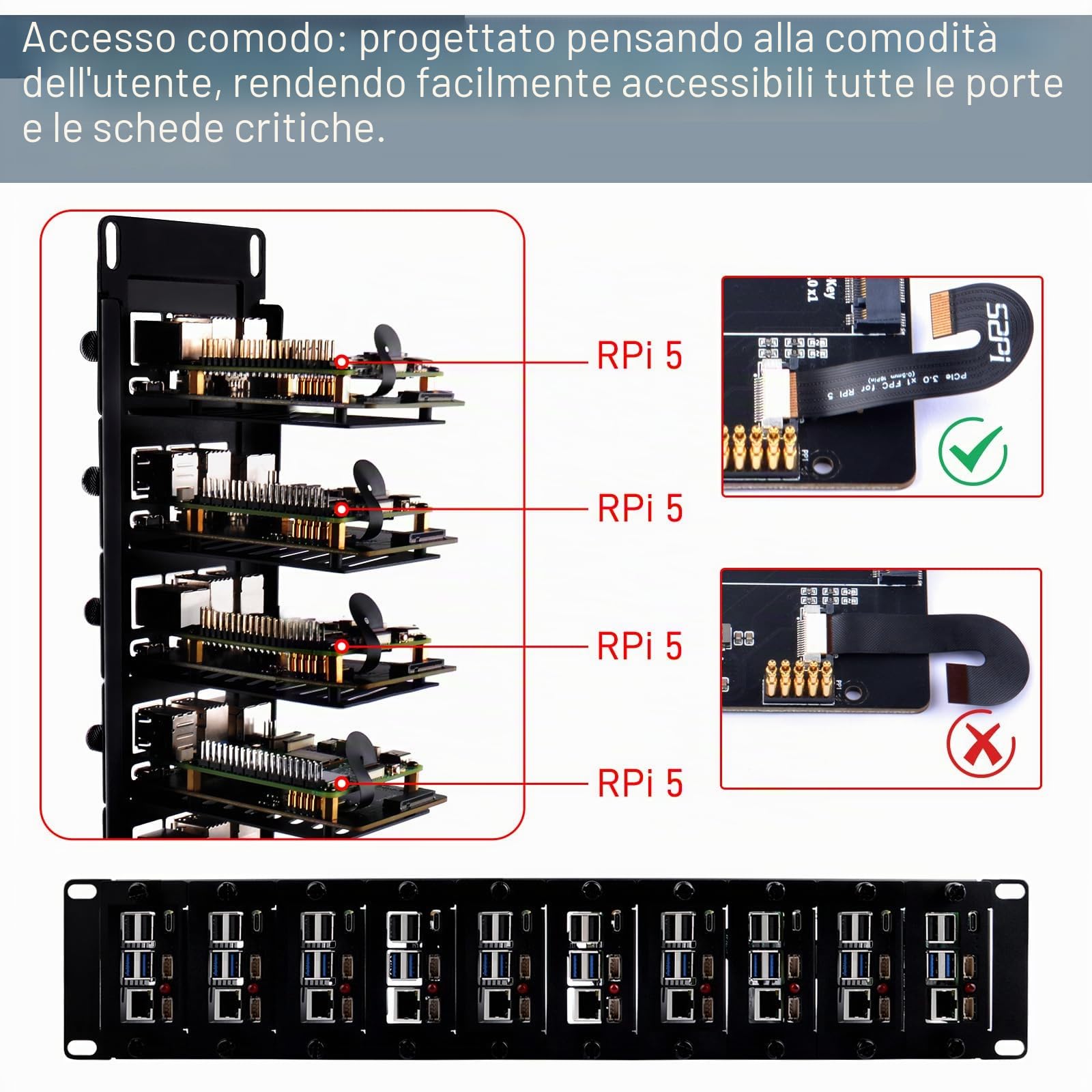 GeeekPi Supporto rack 2U da 19" per Raspberry Pi 5, con 10 adattatori SSD PCIe a M.2 NVMe, può contenere fino a 10 schede Raspberry Pi 5/4B, compatibile con server rack da 19"