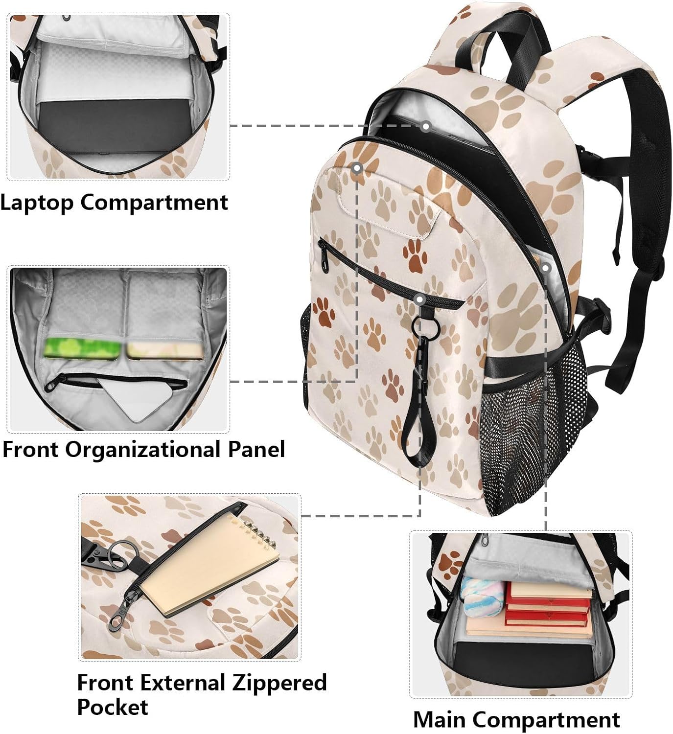 ALAZA Pet Paw Pattern Beige Brown Backpack for Women Men, 23L Water Resistant Twill Daypack with 14 Inch Laptop Compartment, Wide Open Aesthetic School Bag for Travel Work image 5