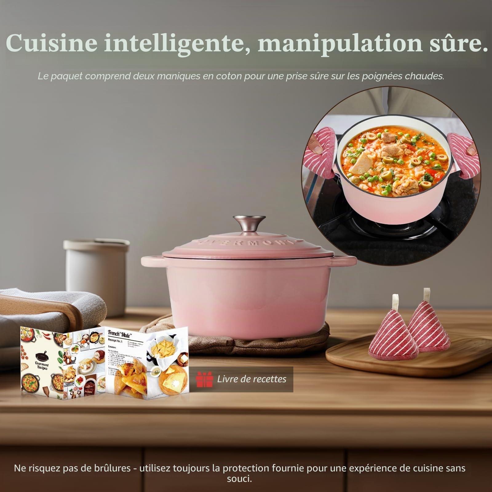 Overmont Cocotte en Fonte Émaillée - Ø24 cm Casserole Antiadhésive Avec Couvercle et Maniques en Coton - Batterie de Cuisine Robuste pour Braiser Ragoûts Rôtir Pain - Rose pastel