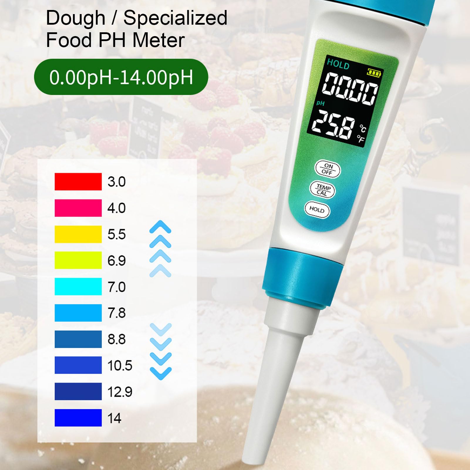 Probador de PH, Rango de Medición de PH de Alta Precisión de 0 a 14 Medidor de PH de Temperatura 2 en 1 con Función ATC, para Queso, Carne, Fruta, Masa Alimenticia