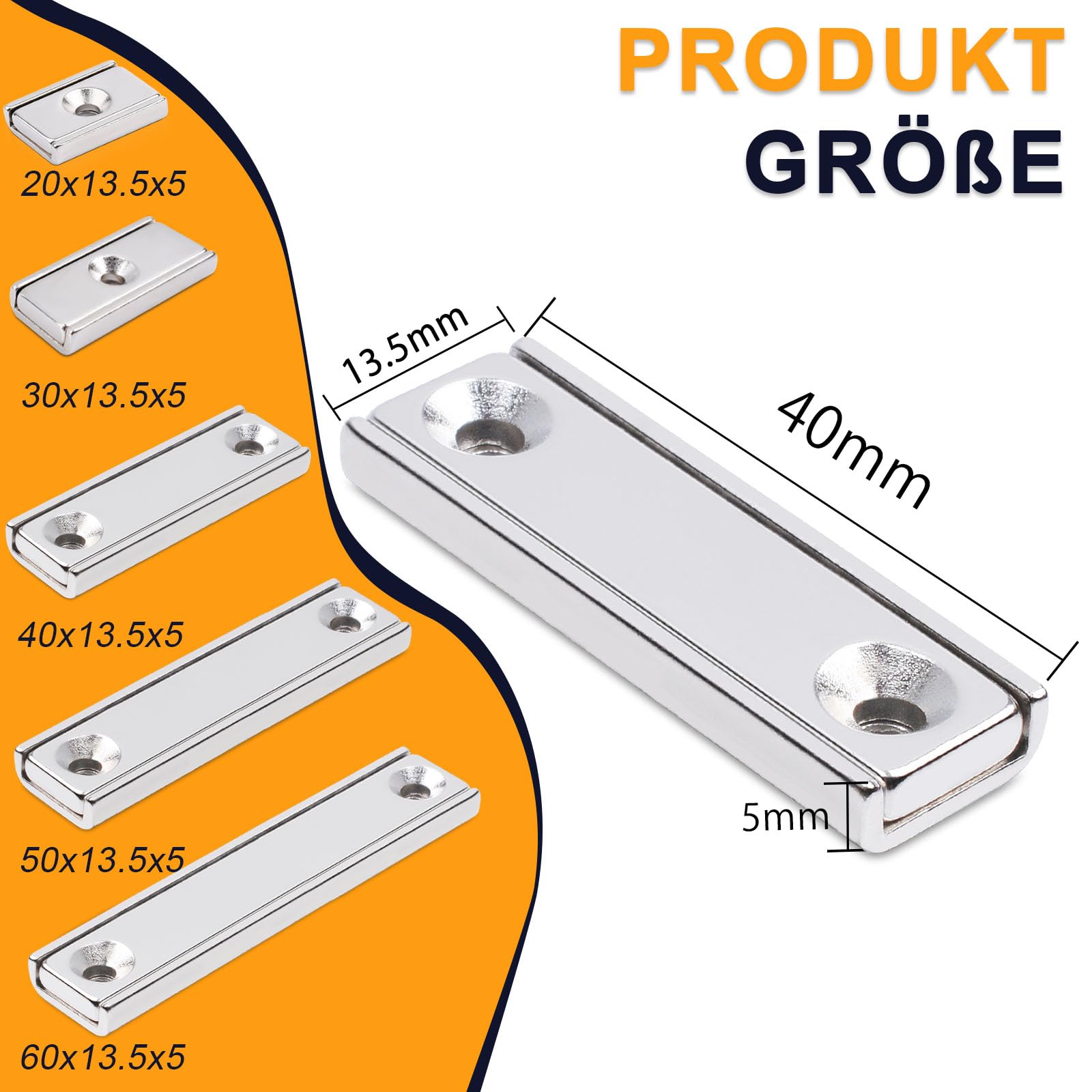 swihorab Lot de 6 aimants en néodyme extra puissants - 40 x 13,5 x 5 mm - Aimants rectangulaires à visser - Avec trou magnétique - Tête fraisée - Aimant industriel en pot avec vis
