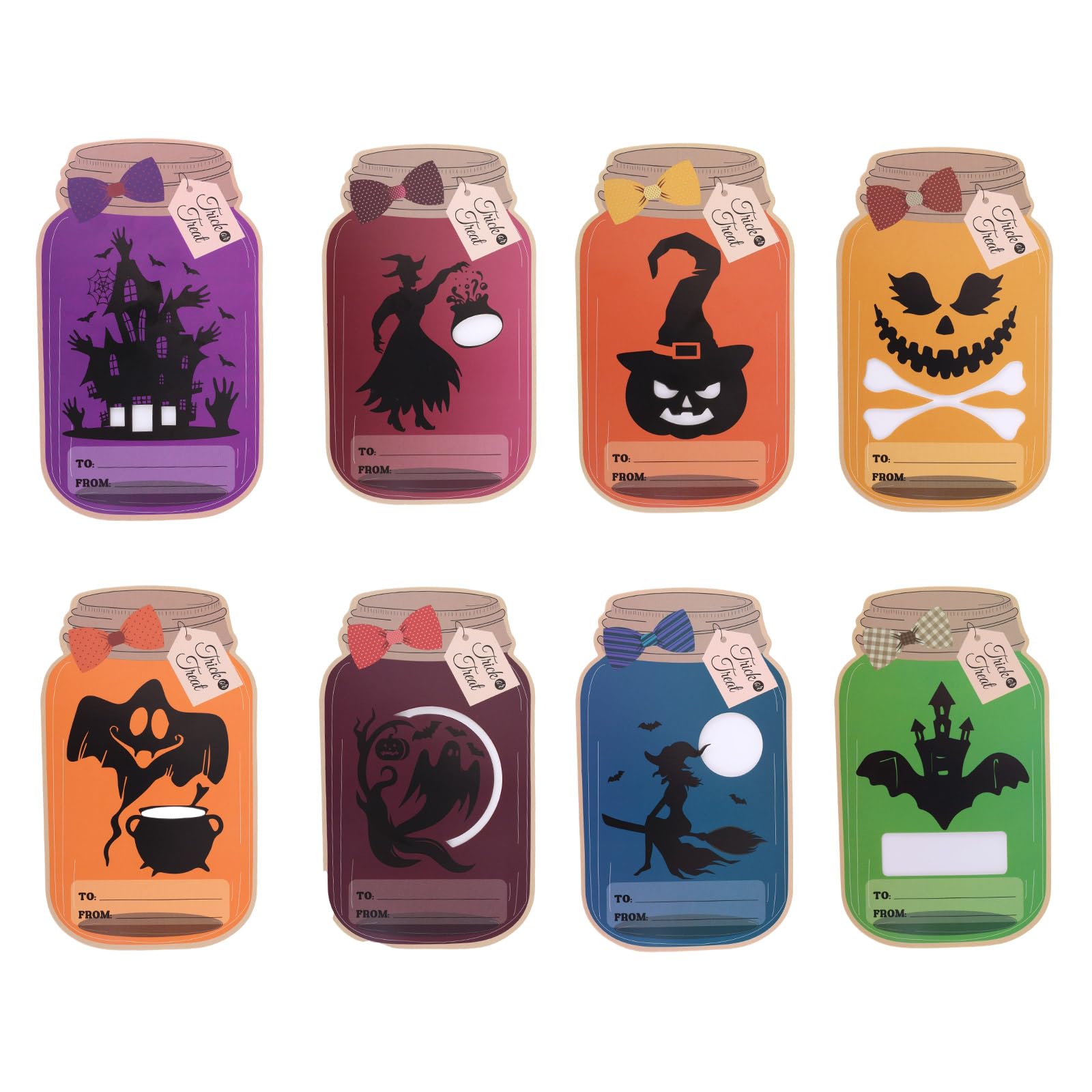 BOXOB 50pcs Halloween Mason Jar Shaped Cards with 50pcs Candy Bags, Novelty Halloween Gifts for Kids Classroom Prizes DIY Crafts for Trick-or-Treat Party Favors Supplies