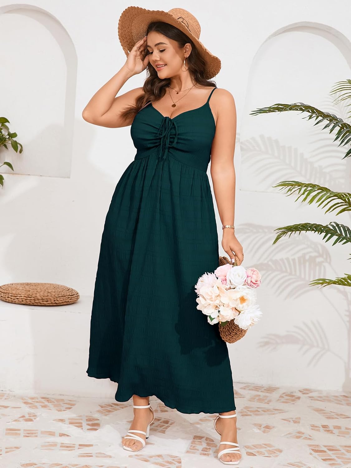 Women's Plus Size Summer Dress Spaghetti Strap Sleeveless Sweetheart Neck Swing A Line Maxi Long Dress - Image 4