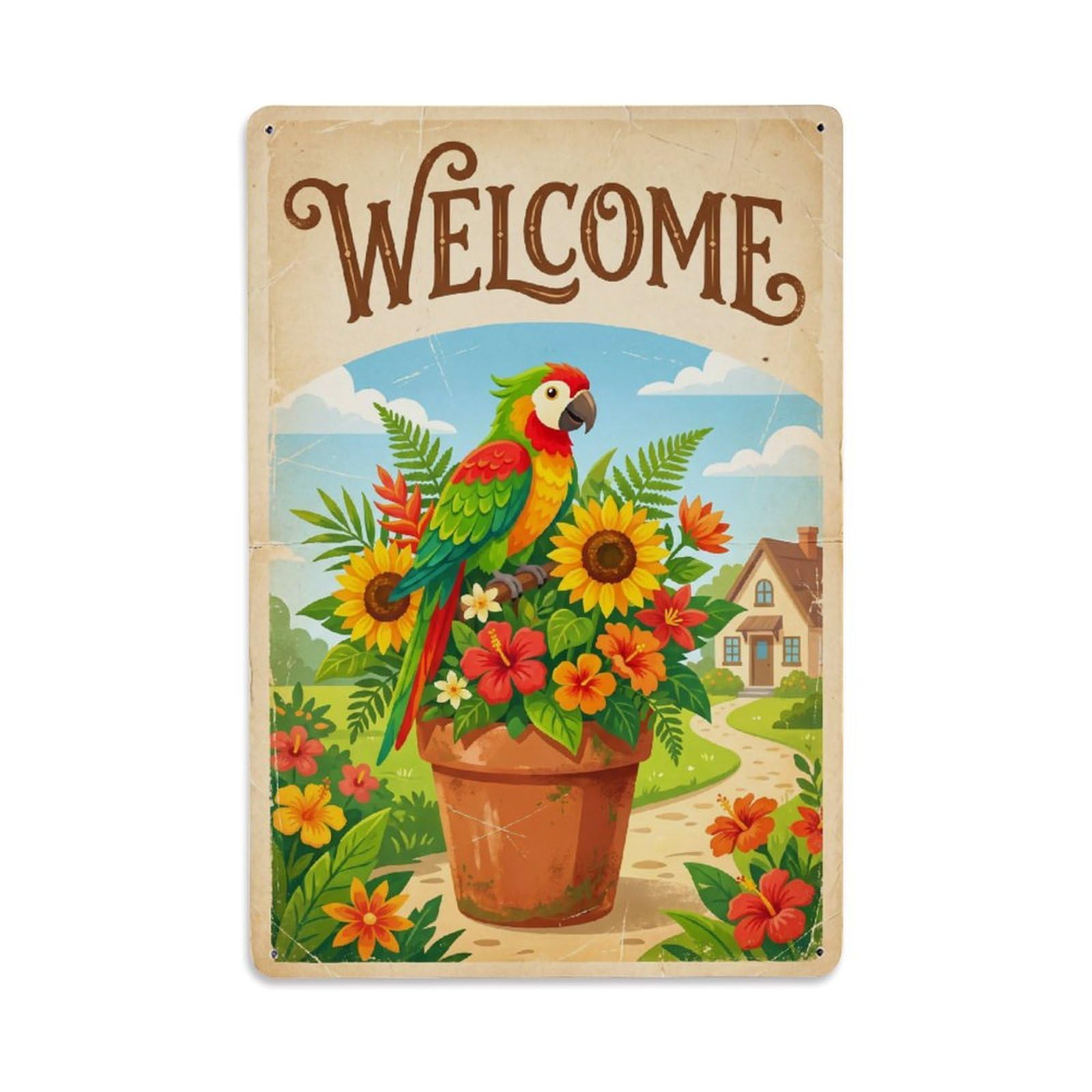 Cxhjca 8X12inch(20X30cm) [Vintage Welcome] Parrot Backyard Bliss Metal Tin Sign