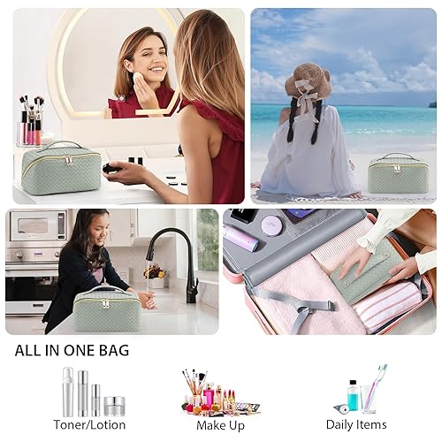 Miniatura 5 de Bolsa de cosméticos de viaje de gran capacidad, bolsa de aseo personal, bolsa de maquillaje portátil para mujer, se abre plana para un fácil acceso,