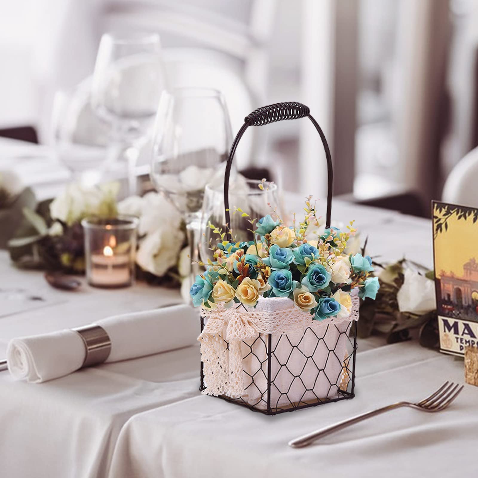 Wnvivi 2 Pcs Iron Flower Girl Baskets,4.3 Inch Bowknot Wedding Flower Baskets with Lining,Candy Petal Flower Basket Organizer for Party Holiday Decor(Style-3)