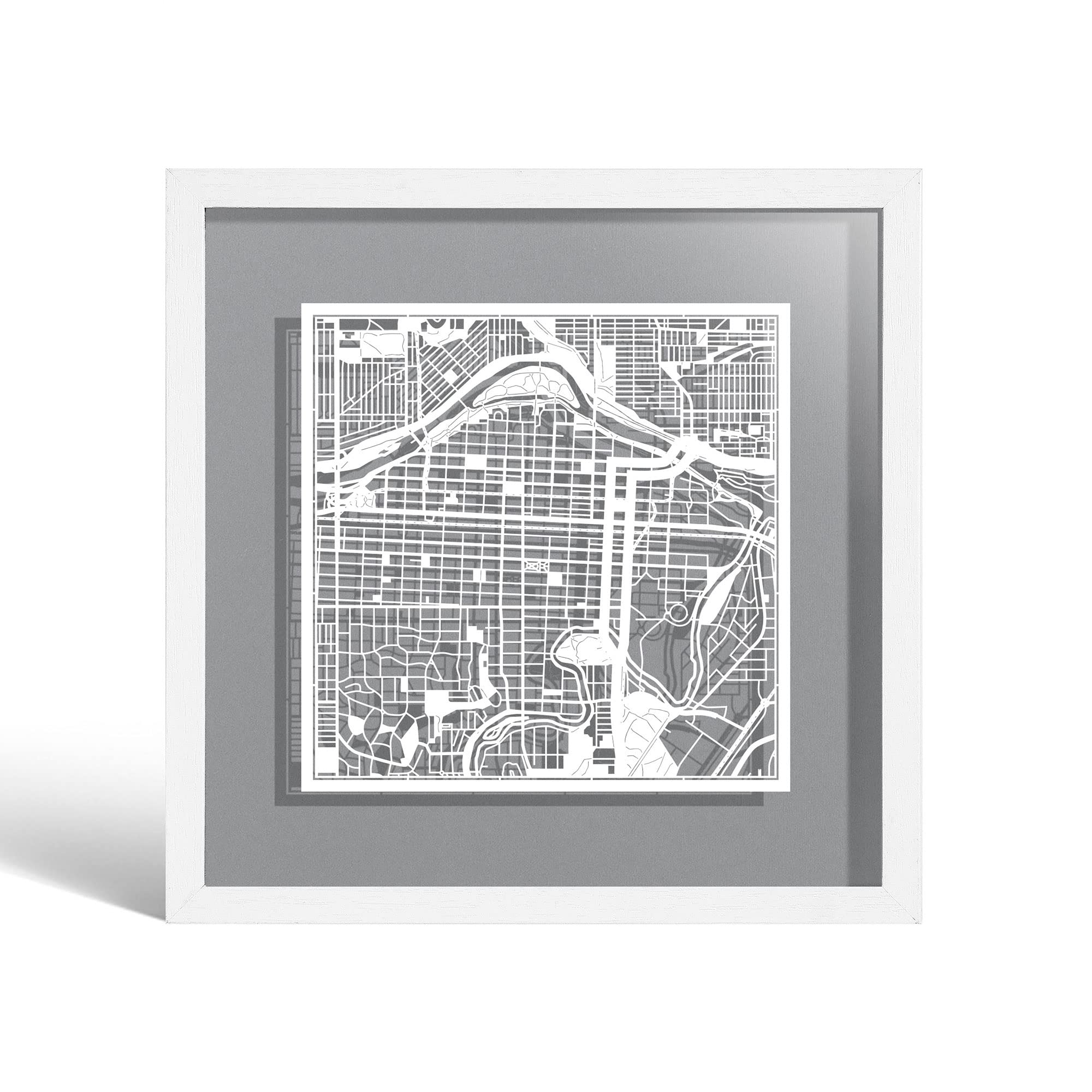 O3 DESIGN STUDIO Calgary Paper Cut Map framed, White map, White frame, 9x9 inches, Gift Boxed, 4 background color, self-changing, Paper Art