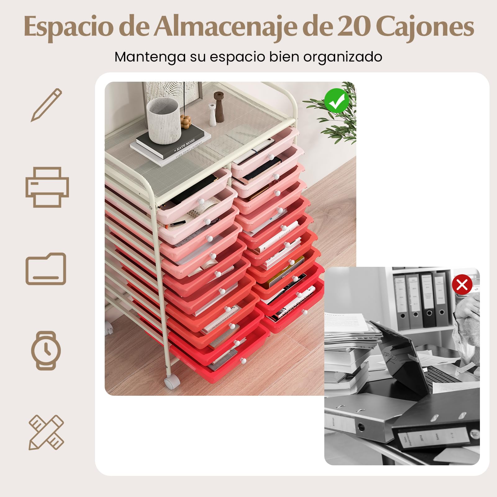 COSTWAY Carrito Auxiliar con Ruedas, Mueble Auxiliar Cocina con 20 Cajones Apilables, Carrito Organizador de Estructura Metálica para Cocina Oficina, Baño (Rojo)
