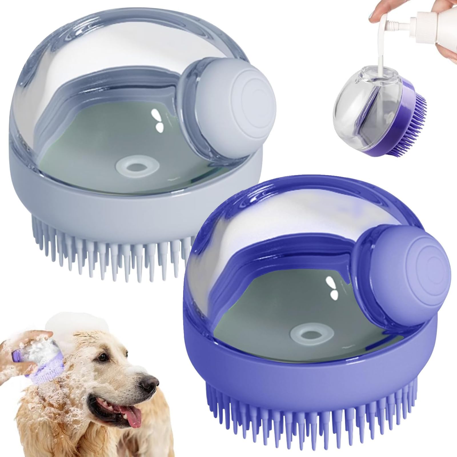 Kwispel Dog Bath Scrubber Brush, 2 PCS Pet Dog Grooming Massage Shampoo Bath Brush with Soap and Shampoo Dispenser Soft Silicone Bristle for Long