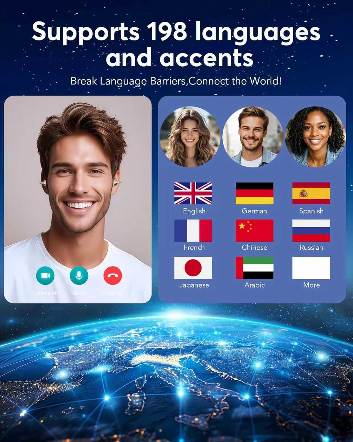 AI Translation Earbuds Real Time 198 Languages 80H Playtime Translator EarBuds Audifonos Traductores Inglés Español Wireless Earphones Bluetooth Headphones for Travel Business Meeting Learning Gold