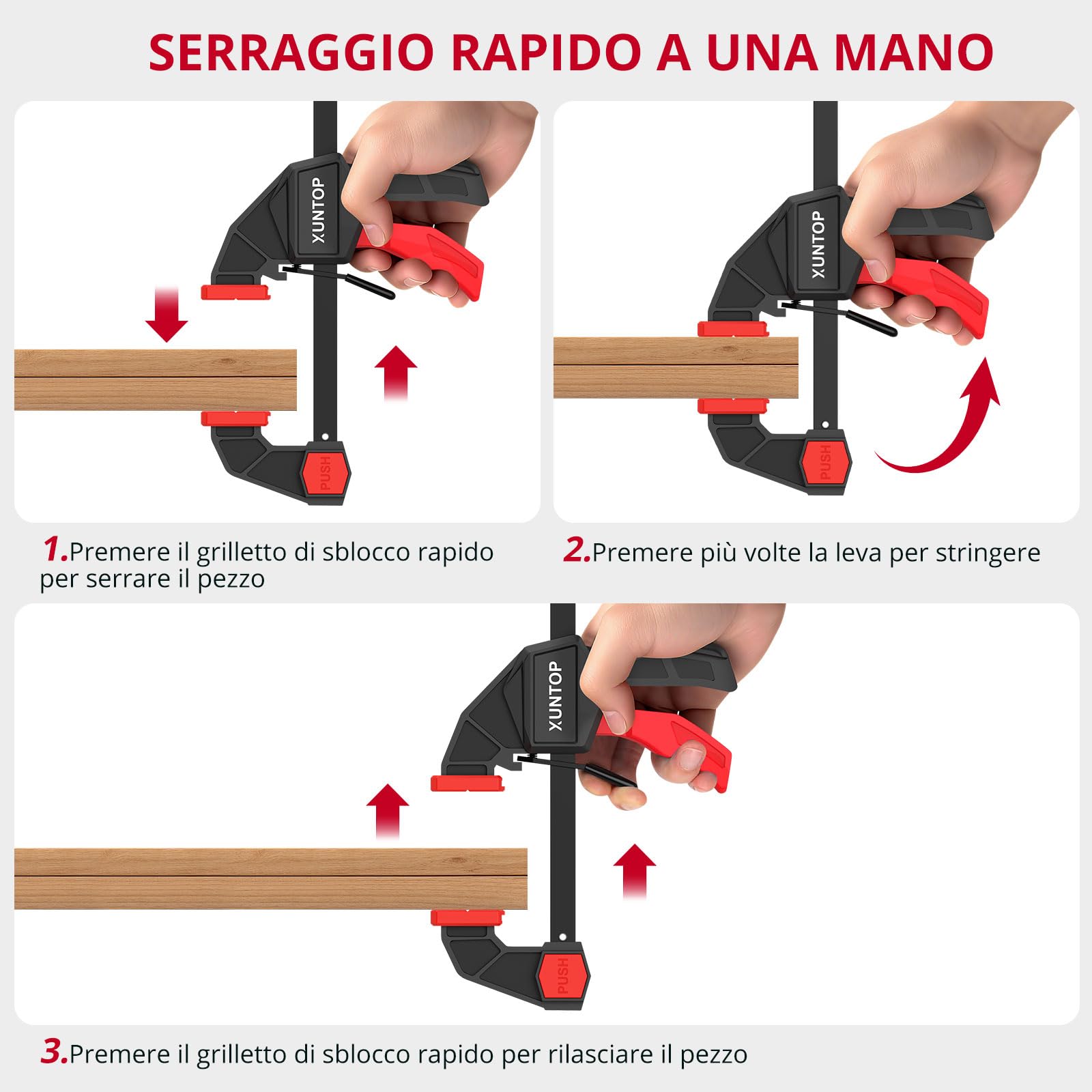 XUNTOP Morsetti da Falegname Set di 4 pz Morsetti a C Rapidi da 6" (150mm) Morsetti a Barra Forza di Serraggio 600N/60kg Funzione Sdoppiatore con Pulsante Cambio Rapido per Lavori di Falegnameria