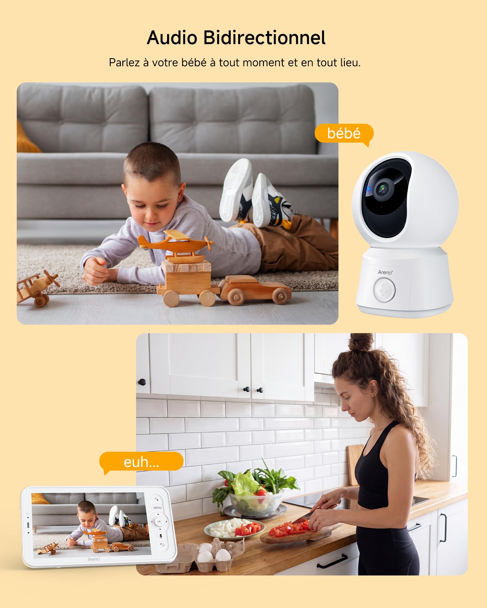 ARENTI Babyphone vidéo PTZ 1080P avec caméra avec écran 5", babyphone avec 2 caméras et Application, Appel en Une Touche, capteur de température, Berceuse, Audio 2 Voies, Mode VoX, Suivi Automatique